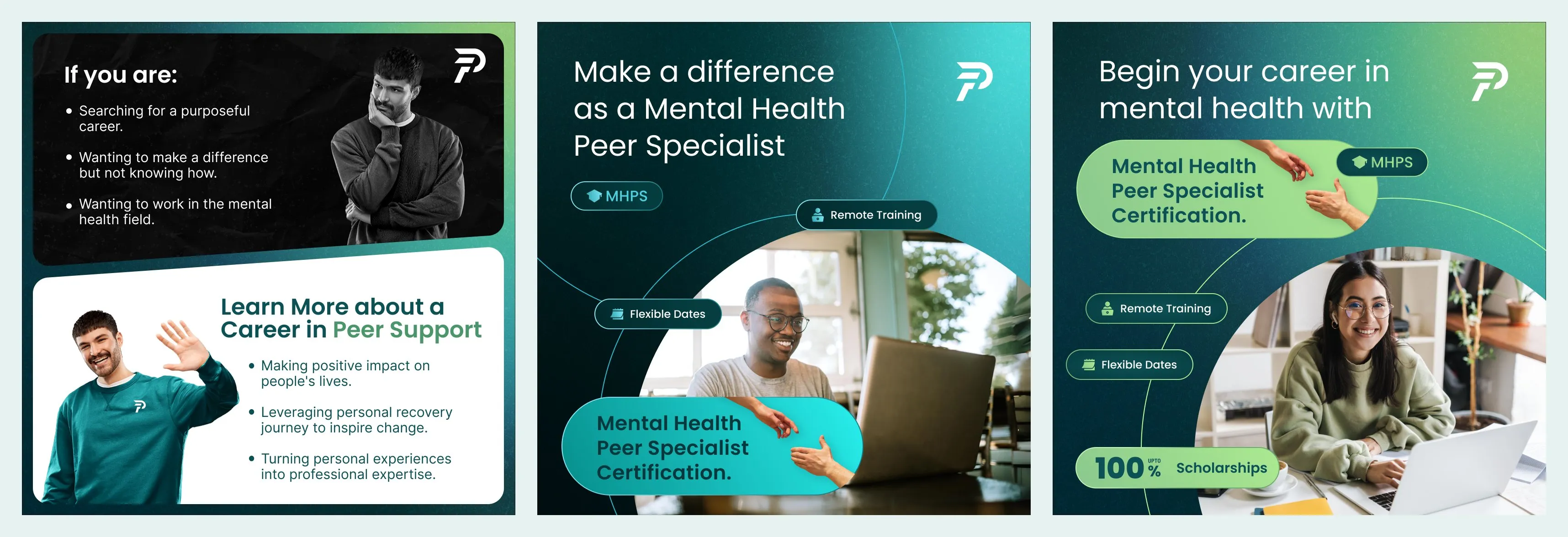 Three square ad creatives side by side, each about a career as a mental health peer specialist