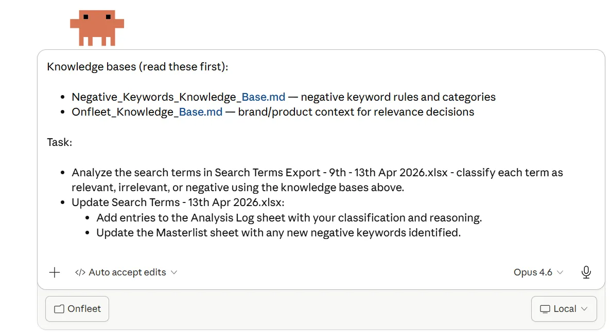 The Claude Code prompt that points to the two knowledge base files and the search terms report