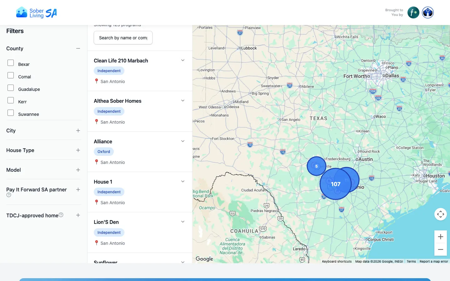 SoberLiving SA filters, results list and the Google map of sober homes across Texas