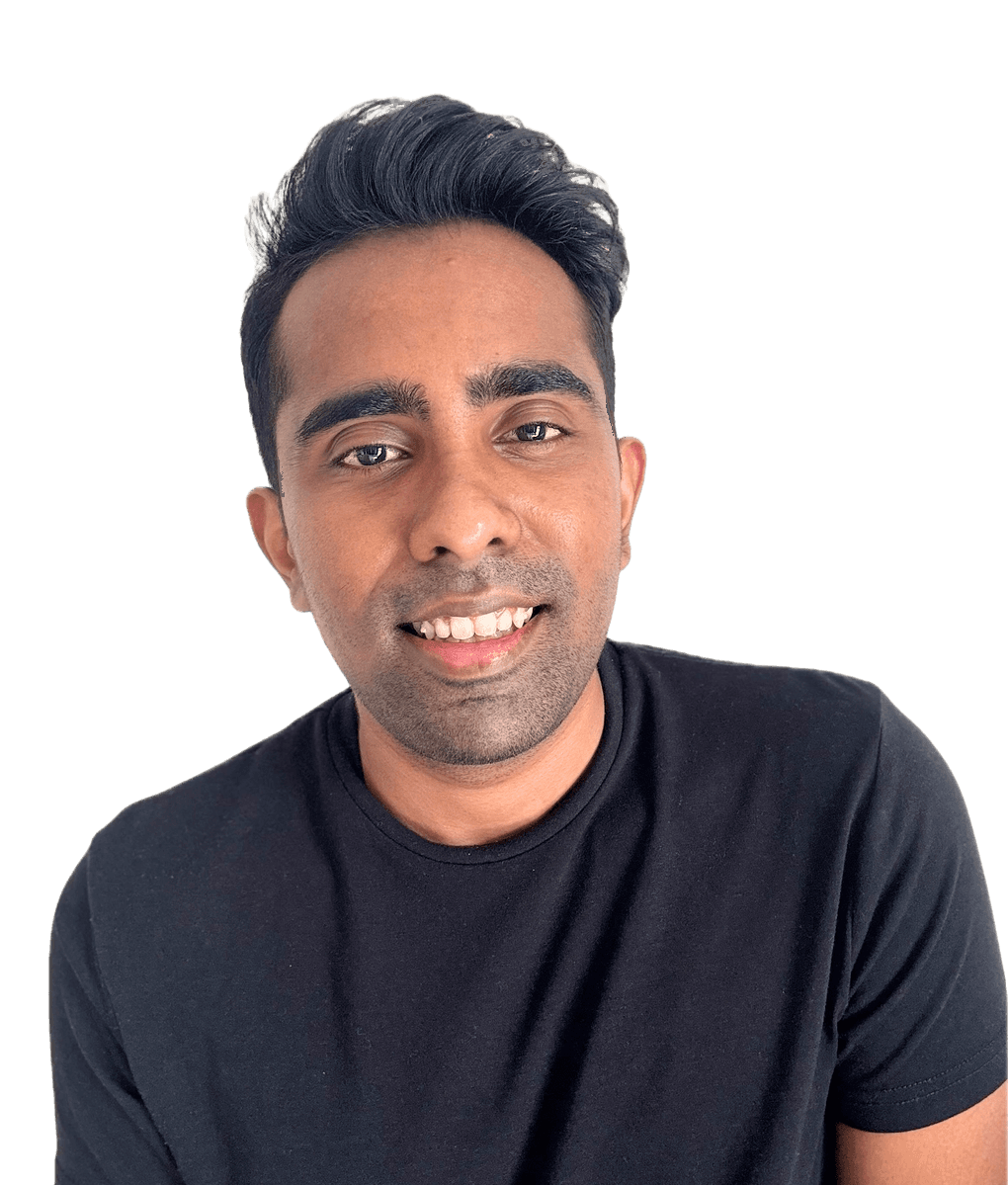 Dilosan Ravindran smiling, in a black t-shirt