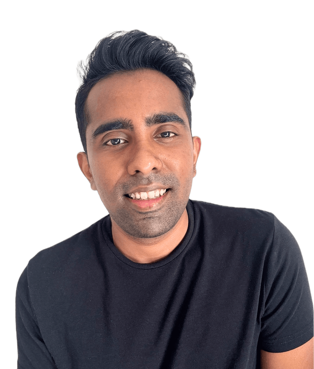 Dilosan Ravindran smiling, in a black t-shirt