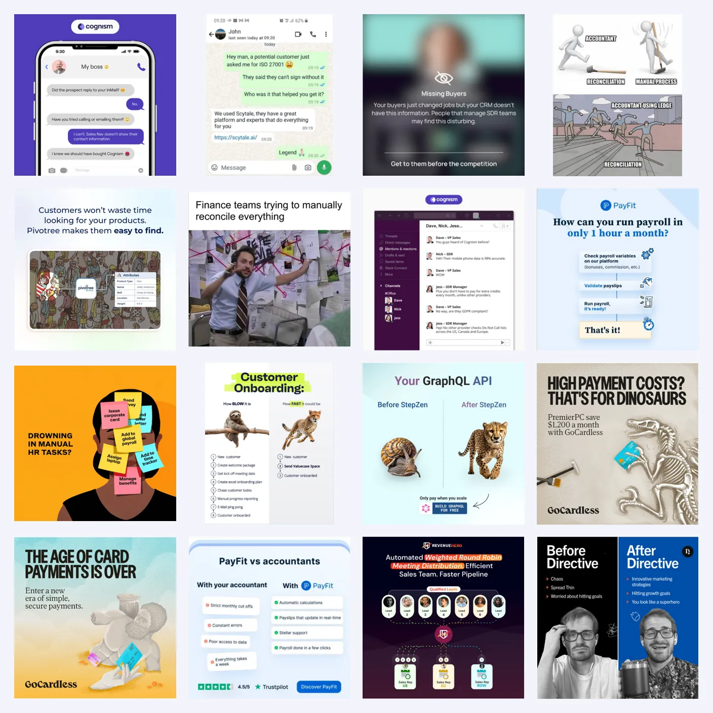 A wall of 16 B2B ads from other brands used as inspiration