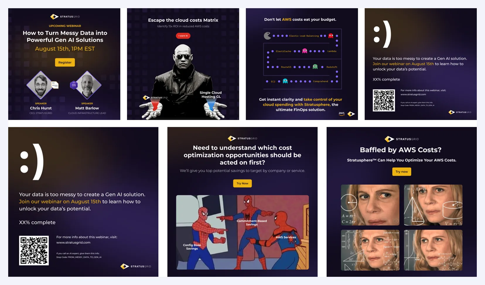 StratusGrid ad creatives: a webinar invite, The Matrix, Pac-Man, a Spider-Man meme and the blue screen smiley