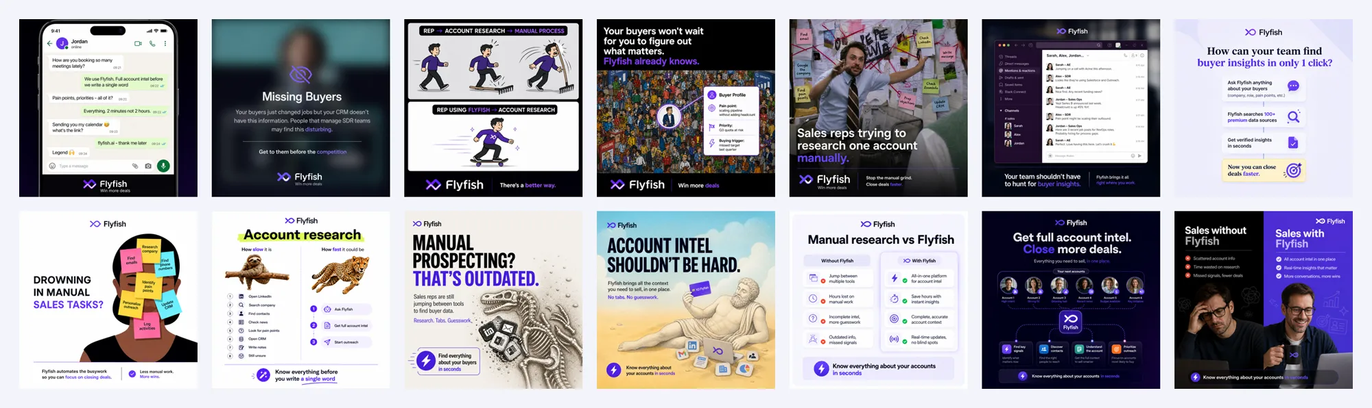 Fourteen AI-made Flyfish ads in one wall